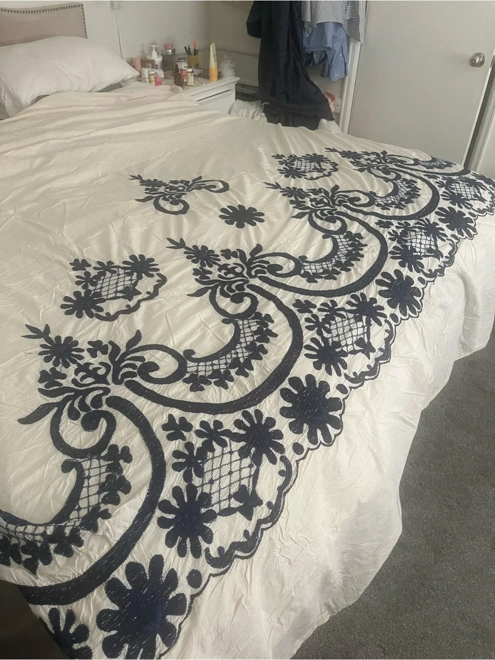 Anthropologie Samirah Off-White Duvet Cover with Damask Motif in Blues